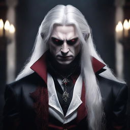 A male vampire with gray skin, long white hair, and red eyes