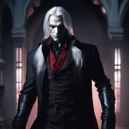 A male vampire with gray skin, long white hair, and red eyes