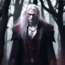 A male vampire druid with gray skin, long white hair, and red eyes