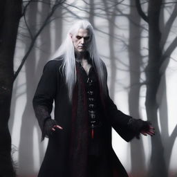 A male vampire druid with gray skin, long white hair, and red eyes