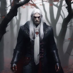 A male vampire druid with gray skin, long white hair, and red eyes