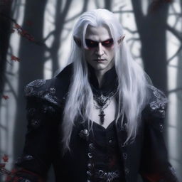 A male vampire druid with gray skin, long white hair, and red eyes