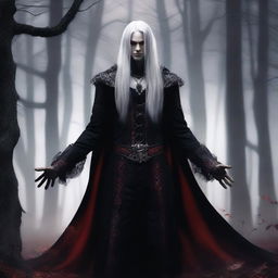 A male vampire druid with gray skin, long white hair, and red eyes