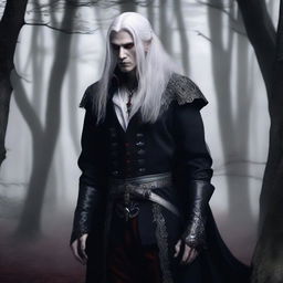 A male vampire druid with gray skin, long white hair, and red eyes