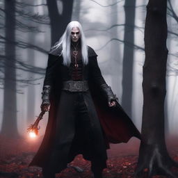 A male vampire druid with gray skin, long white hair, and red eyes