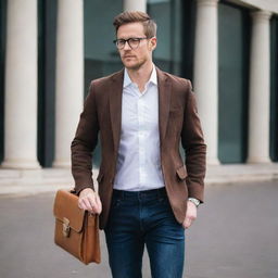 A confident male entrepreneur sporting smart-casual attire. He's wearing a fitted blazer, a crisp white shirt, dark jeans, brown leather boots and a designer watch. He's carrying a modern, sleek briefcase and sporting stylish glasses.