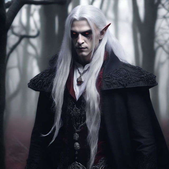 A male vampire druid with gray skin, long white hair, and red eyes