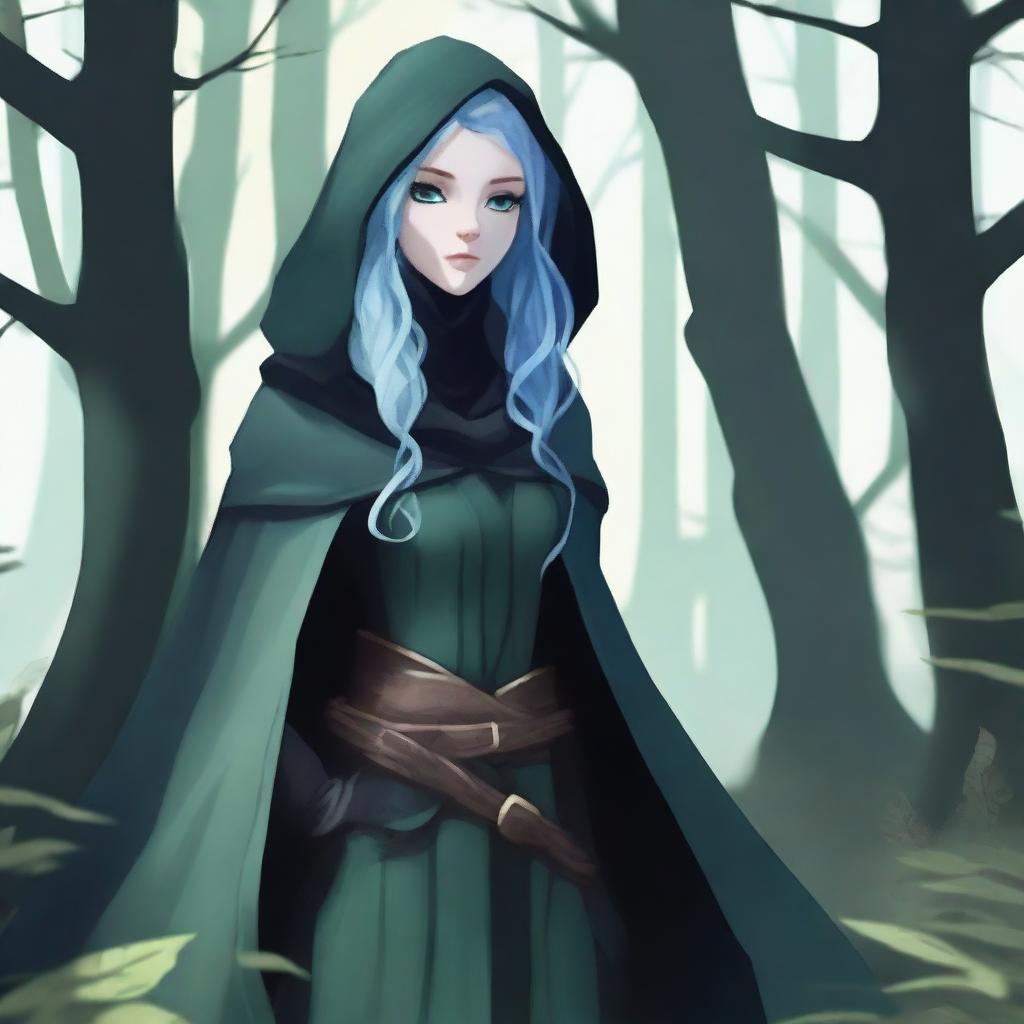 A female sea elf rogue with pale blue skin and dark forest green hair