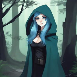 A female sea elf rogue with pale blue skin and dark forest green hair