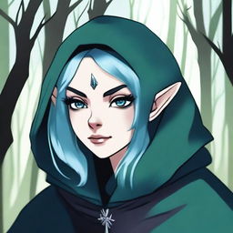 A female sea elf rogue with pale blue skin and dark forest green hair