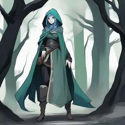 A female sea elf rogue with pale blue skin and dark forest green hair