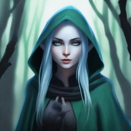 A realistic depiction of a female sea elf rogue with pale blue skin and dark green hair