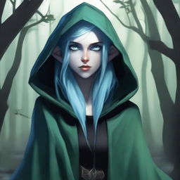 A realistic depiction of a female sea elf rogue with pale blue skin and dark green hair