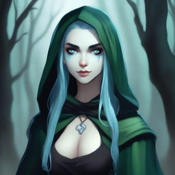 A realistic depiction of a female sea elf rogue with pale blue skin and dark green hair