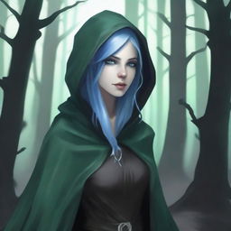 A realistic depiction of a female sea elf rogue with pale blue skin and dark green hair