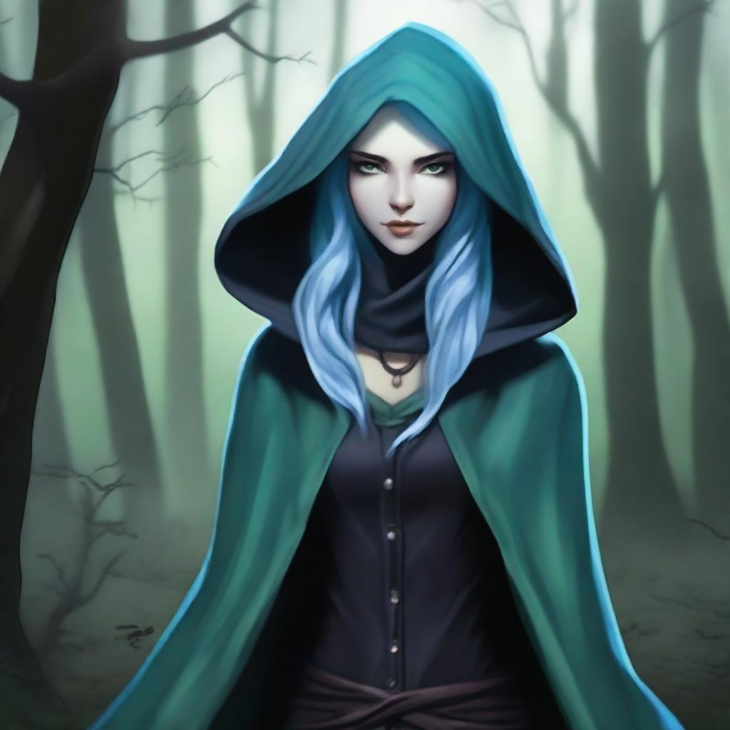 A realistic depiction of a female sea elf rogue with pale blue skin and dark green hair