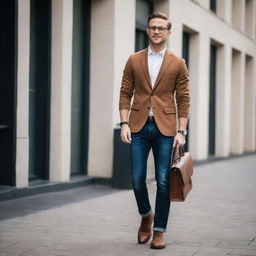 A confident male entrepreneur sporting smart-casual attire. He's wearing a fitted blazer, a crisp white shirt, dark jeans, brown leather boots and a designer watch. He's carrying a modern, sleek briefcase and sporting stylish glasses.