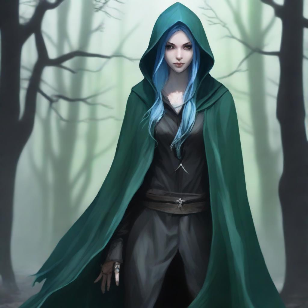 A realistic depiction of a female sea elf rogue with pale blue skin and dark green hair