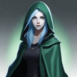 A realistic depiction of a female sea elf rogue with pale blue skin and dark green hair