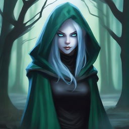 A realistic depiction of a female sea elf rogue with pale blue skin and dark green hair