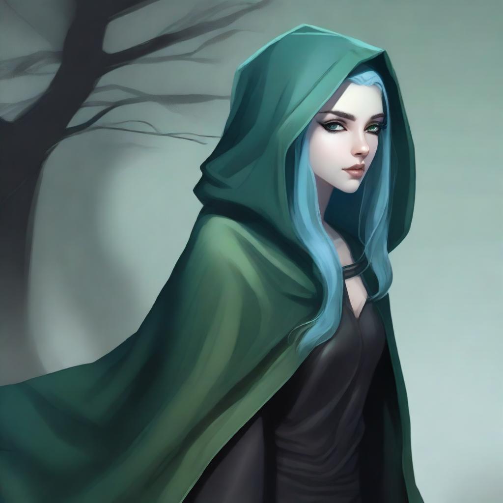 A realistic depiction of a female sea elf rogue with pale blue skin and dark green hair