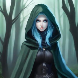 A realistic depiction of a female sea elf rogue with pale blue skin and dark green hair