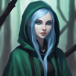 A realistic depiction of a female sea elf rogue with pale blue skin and dark green hair