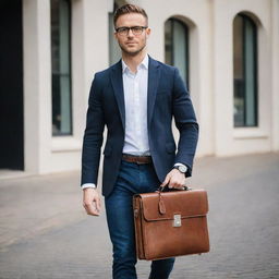 A confident male entrepreneur sporting smart-casual attire. He's wearing a fitted blazer, a crisp white shirt, dark jeans, brown leather boots and a designer watch. He's carrying a modern, sleek briefcase and sporting stylish glasses.