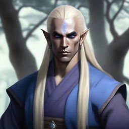 A realistic depiction of a male dark elf monk with long blonde hair and blue eyes