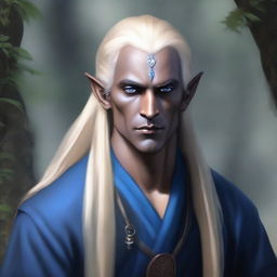 A realistic depiction of a male dark elf monk with long blonde hair and blue eyes