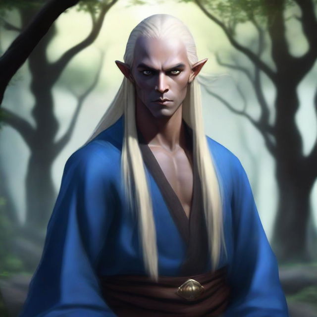 A realistic depiction of a male dark elf monk with long blonde hair and blue eyes