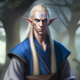 A realistic depiction of a male dark elf monk with long blonde hair and blue eyes