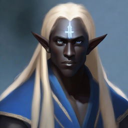 A realistic depiction of a male dark elf monk with long blonde hair and blue eyes