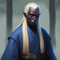 A realistic depiction of a male dark elf monk with long blonde hair and blue eyes