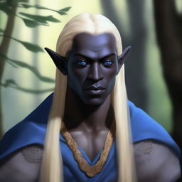 A realistic depiction of a male dark elf monk with long blonde hair and blue eyes