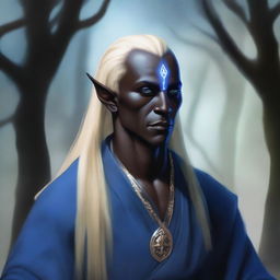 A realistic depiction of a male dark elf monk with long blonde hair and blue eyes