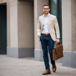 A confident male entrepreneur sporting smart-casual attire. He's wearing a fitted blazer, a crisp white shirt, dark jeans, brown leather boots and a designer watch. He's carrying a modern, sleek briefcase and sporting stylish glasses.