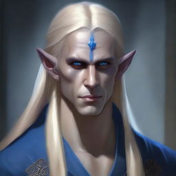 A realistic depiction of a male dark elf monk with long blonde hair and blue eyes