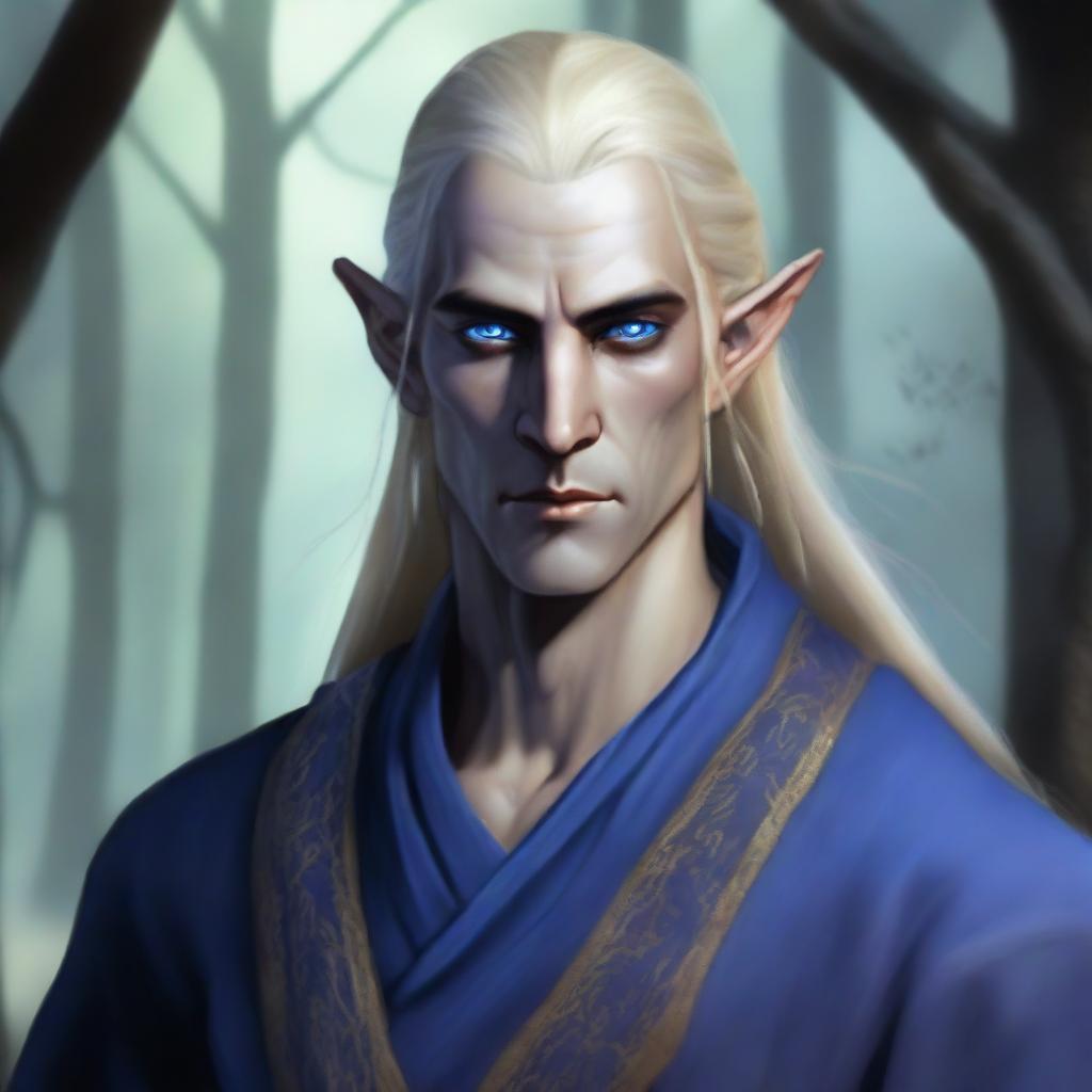 A realistic depiction of a male dark elf monk with long blonde hair and blue eyes