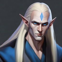 A realistic depiction of a male dark elf monk with long blonde hair and blue eyes