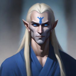 A realistic depiction of a male dark elf monk with long blonde hair and blue eyes