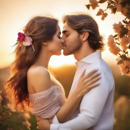 A beautiful young woman with flowing hair sharing a romantic kiss with her partner