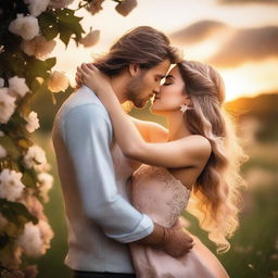 A beautiful young woman with flowing hair sharing a romantic kiss with her partner