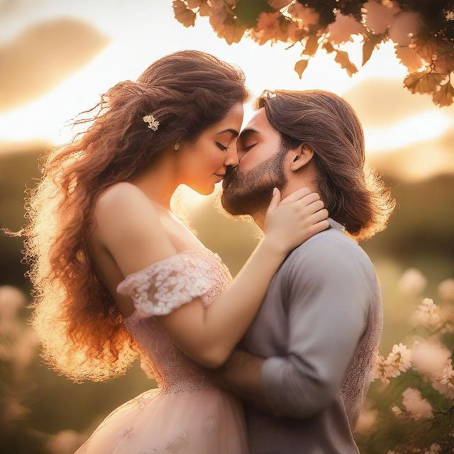 A beautiful young woman with flowing hair sharing a romantic kiss with her partner