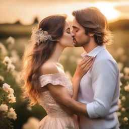 A beautiful young woman with flowing hair sharing a romantic kiss with her partner