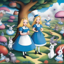 A whimsical scene from Alice's adventure in Wonderland, featuring Alice in a blue dress with a white apron, surrounded by fantastical characters like the Cheshire Cat, the White Rabbit, and the Mad Hatter, in a vibrant, surreal landscape