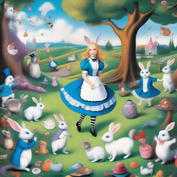 A whimsical scene from Alice's adventure in Wonderland, featuring Alice in a blue dress with a white apron, surrounded by fantastical characters like the Cheshire Cat, the White Rabbit, and the Mad Hatter, in a vibrant, surreal landscape