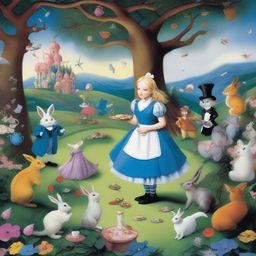 A whimsical scene from Alice's adventure in Wonderland, featuring Alice in a blue dress with a white apron, surrounded by fantastical characters like the Cheshire Cat, the White Rabbit, and the Mad Hatter, in a vibrant, surreal landscape