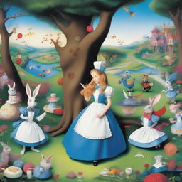 A whimsical scene from Alice's adventure in Wonderland, featuring Alice in a blue dress with a white apron, surrounded by fantastical characters like the Cheshire Cat, the White Rabbit, and the Mad Hatter, in a vibrant, surreal landscape