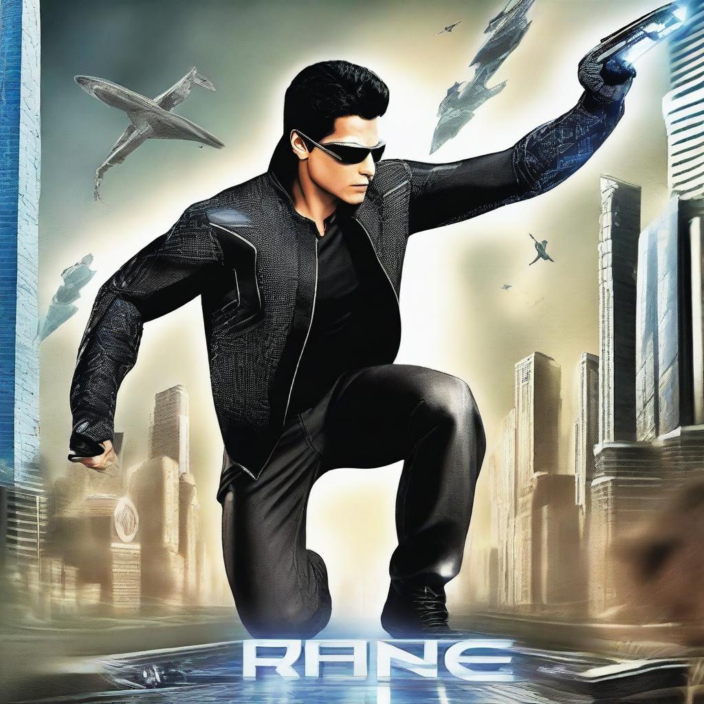 A futuristic and dynamic poster for 'Ra One 2: Resurgence' featuring a technologically advanced cityscape, powerful cybernetic characters, and intense action scenes